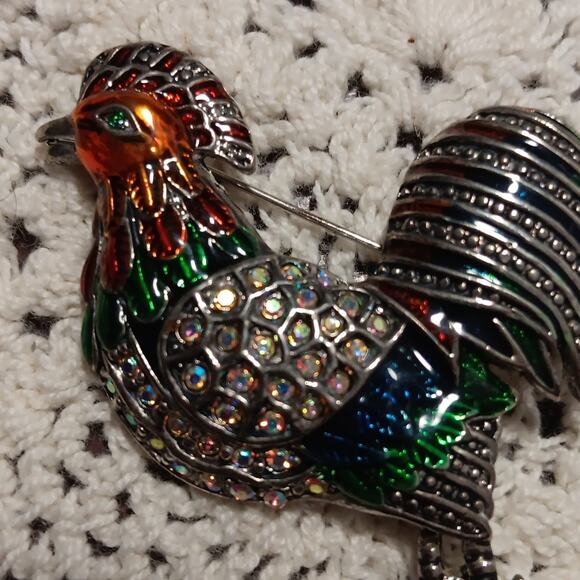 Vintage Colorful Rooster Chicken Pin Brooch Silver Tone Enamel Rhinestones - Picture 5 of 6